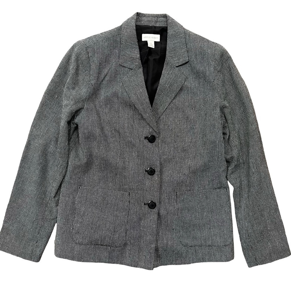 VTG Appleseed’s Black White Woven Tweed Silk Cotton Blazer Jacket Size 10